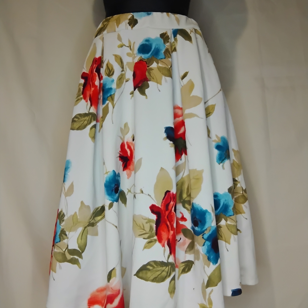Elegant Floral A-Line Skirt - White with Red, Blue, and Green